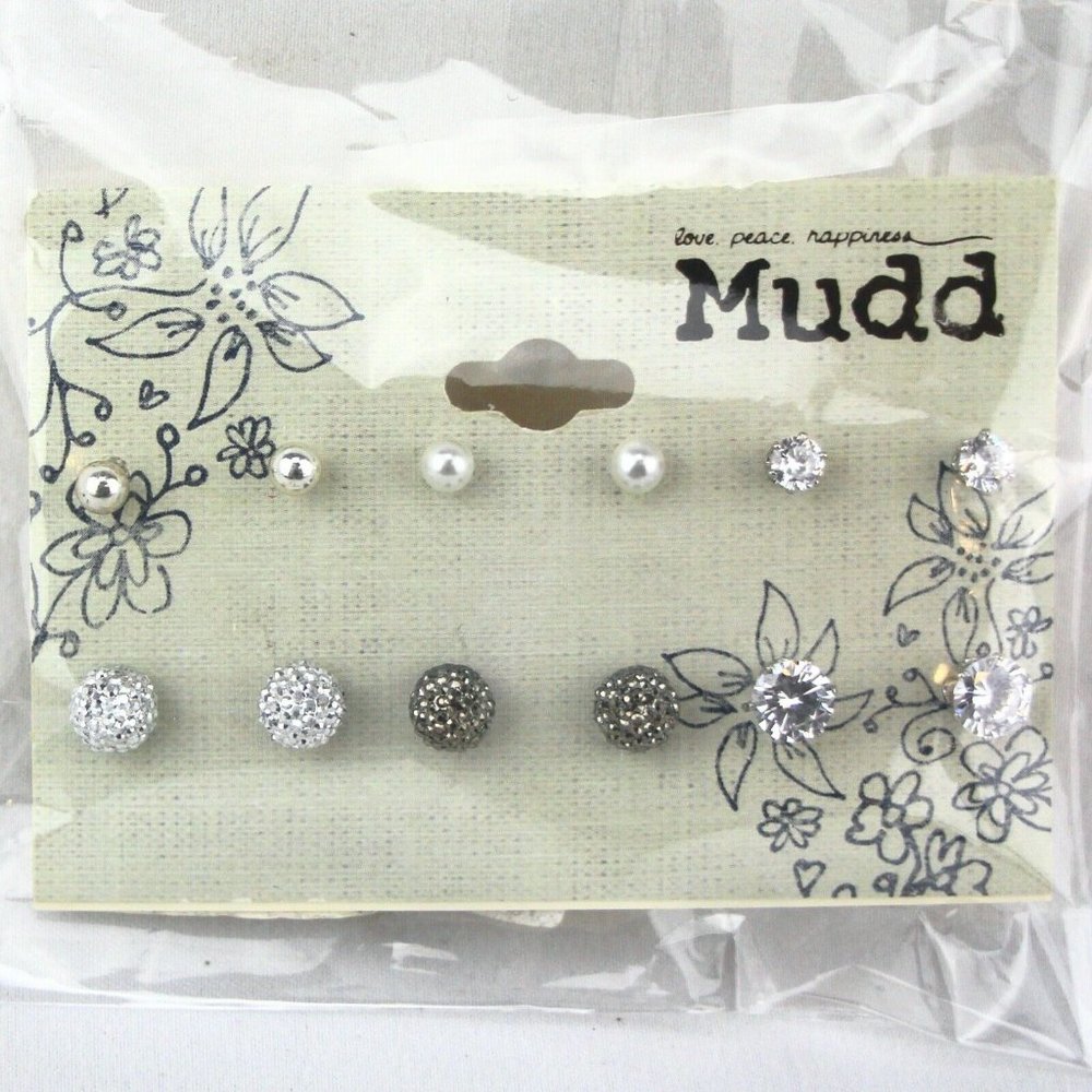 Mudd Earrings 6 Pairs Faux Pearl Rhinestones & Sparkly Studs